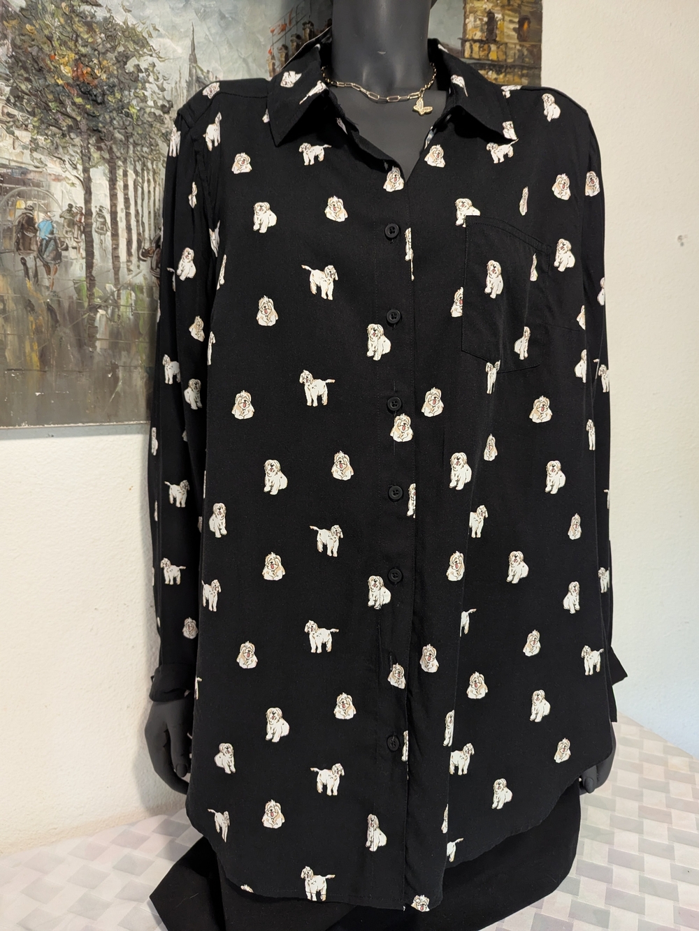 Torrid Black with White Dog-Print Button Down Shirt